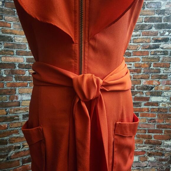 Bebe Med Silky Orange Dress Button Front Ruffle Sleeves Sash Belt Zipper Tie EUC - Picture 14 of 16
